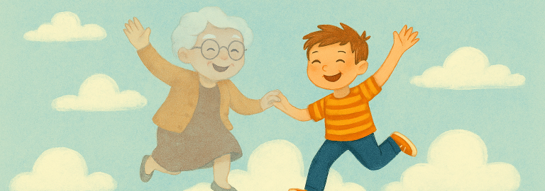 Tanzende Oma über Wolken