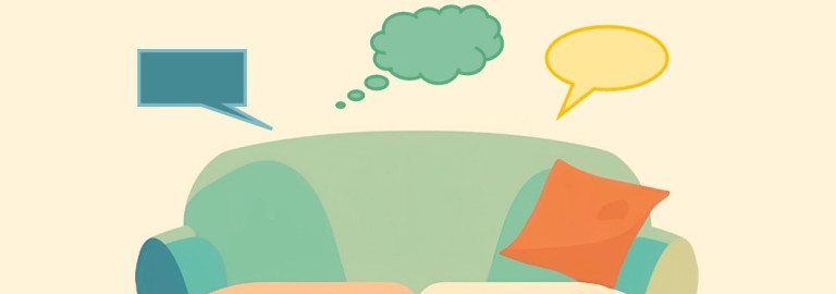 Buntes Sofa mit bunten Sprechblasen und Schriftzug Sofagespräche darüber