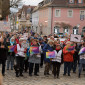 Teilnehmende der Demo halten Schilder mit Sprüchen für Vielfalt und Demokratie hoch.