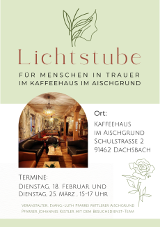 Flyer zum Trauer-Treff "Lichtstube" für Termine am 17. Februar und 23. März 2025.