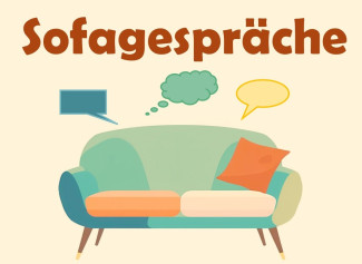 Buntes Sofa mit bunten Sprechblasen und Schriftzug Sofagespräche darüber